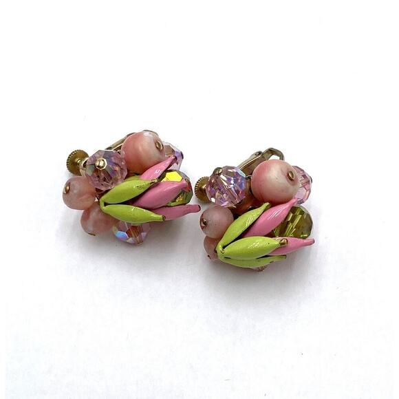 VENDOME Enamel & PINK Rhinestone FLOWER Clip Earrings Clip Ons Vintage Signed - Picture 3 of 7